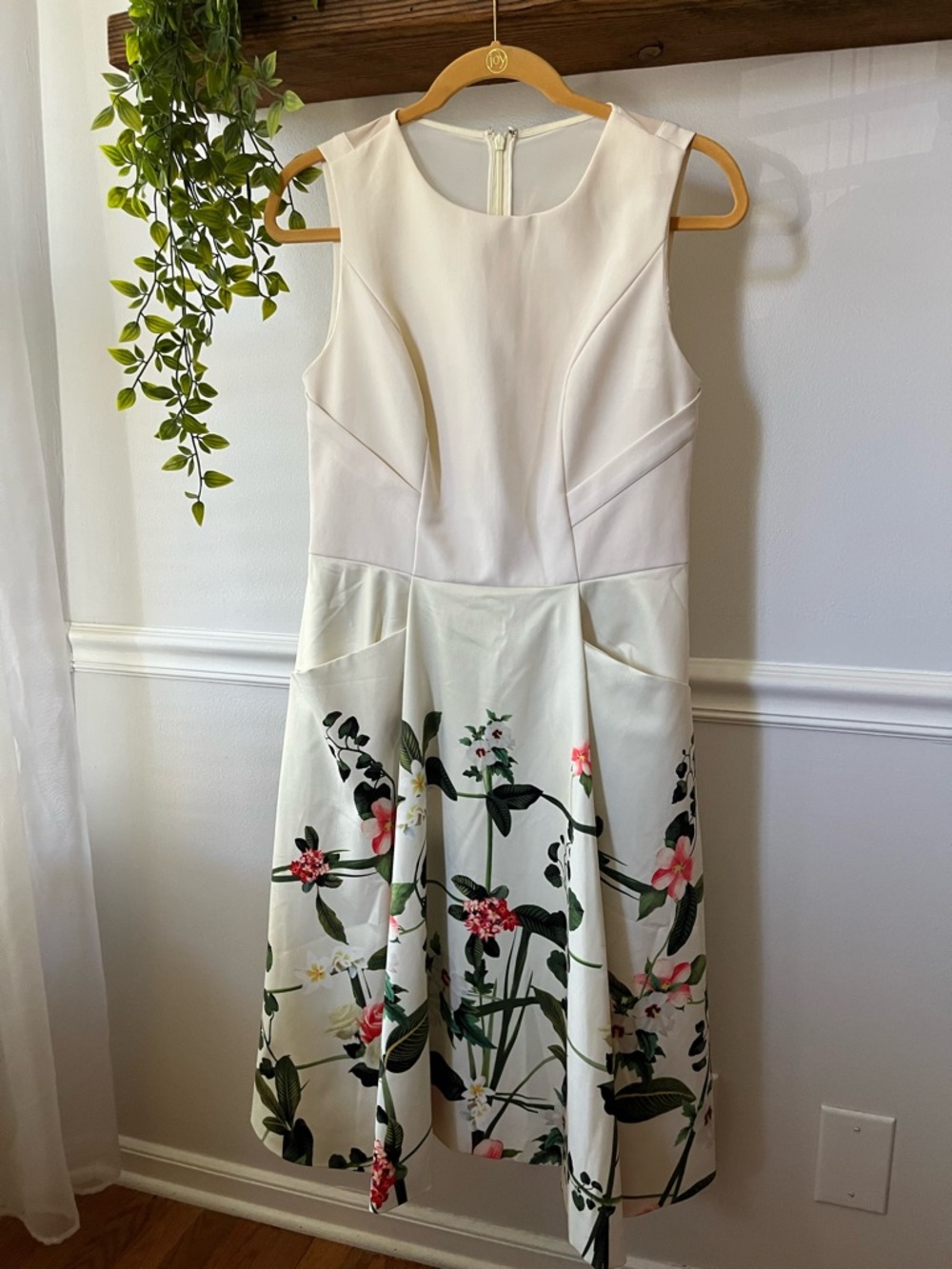 Ted Baker White Sleeveless Midi Dress with Pink & Green Floral Print